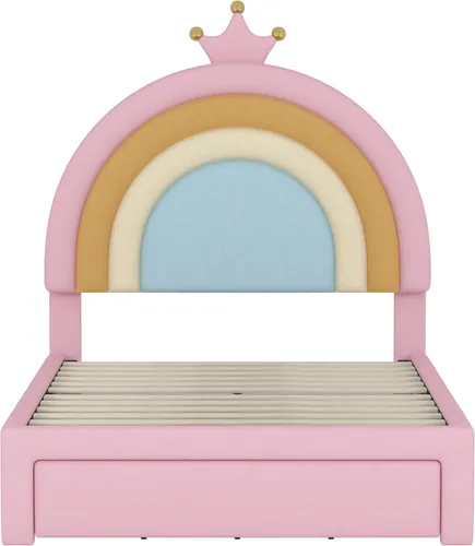 Vista 4 de Cama tapizada con diseño de arcoíris, cama de plataforma de princesa de terciopelo con cajón de almacenamiento, para niños, adolescentes, niños