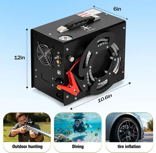 Vista 5 de TUXING Compresor de aire PCP, diseño de carrete de bobinado portátil, compresor de pistola de aire PCP con convertidor de potencia integrado, parada
