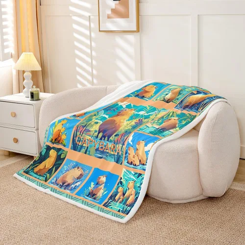 Vista 3 de Manfei Capybara - Manta de cama de roedores de América del Sur para niños y niñas, decoración de habitación, manta de retazos enrejados para sofá