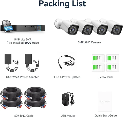 Vista 8 de Sistema de cámara de seguridad con cable para exteriores, 4CH 5MP Lite AHD DVR con disco duro de 500G, 4 x 3MP cámara CCTV con cable, kit DVR