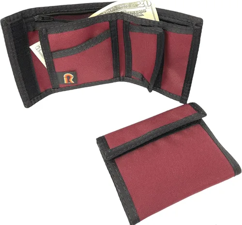 Vista 2 de Cartera de nailon plegable California con bolsillo interior. Cierre de gancho y bucle. Fabricado en Estados Unidos, Borgoña, Bifold