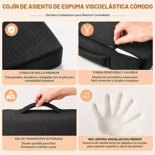 Vista 4 de Cojín de asiento de espuma viscoelástica extra grande con asa de transporte, cojín ergonómico para silla de oficina para alivio del coxis y dolor