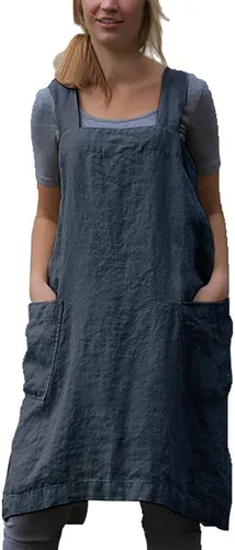Vista 12 de Delantal Pinafore con espalda cruzada con bolsillos, delantal de lino y algodón, talla grande