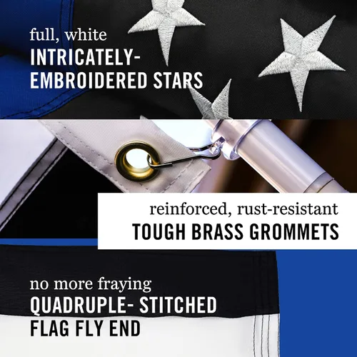 Vista 4 de Bandera de Estados Unidos de línea azul fina de 2 x 3 pies, estrellas bordadas resistentes y rayas cosidas, ojales de latón, protección UV, bandera