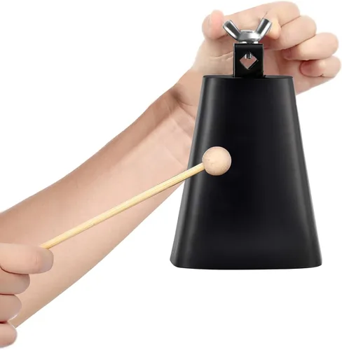 Vista 6 de Instrumento de cencerro de acero de 4 pulgadas con palo Música Campana de vaca fabricantes de ruido Metal Musical mano Percusión Negro Vaca