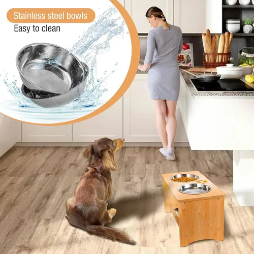 Vista 6 de Soporte elevado de bambú para perros, comedero elevado antideslizante para perros con 2 cuencos de acero inoxidable para alimentos y agua, 10