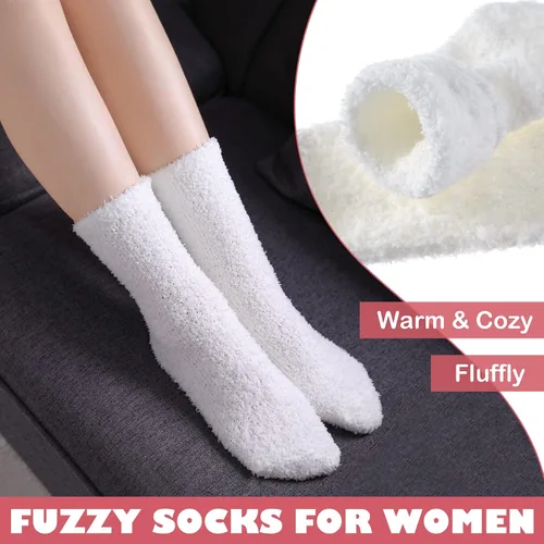 Vista 4 de Calcetines mullidos para mujer, esponjosos, cálidos, tipo pantufla de invierno, de microfibra, suaves, para dormir en casa 1 par Blanco