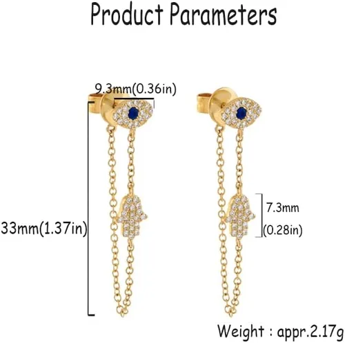 Vista 6 de Aretes colgantes con borla de palma de mal de ojo para mujeres y niñas, circonita cuíbica, hipoalergénica, cadena de borla, aretes colgantes