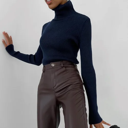 Vista 3 de Suéteres de punto de cuello alto para mujer, camisas básicas casuales de manga larga, ajustadas, ropa interior térmica, suéter de canalé suave