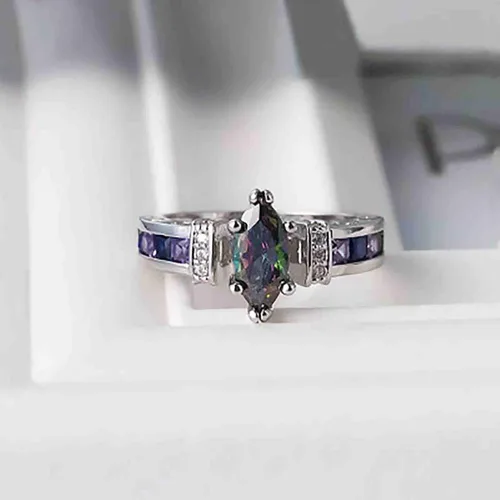 Vista 2 de Anillos de plata de ley 925 vintage para mujer con incrustaciones de topacio místico con forma ovalada, piedra de cristal austriaco, circonita