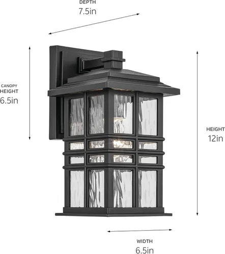 Vista 6 de Kichler Beacon 49829BKT - Lámpara de pared cuadrada de 12 pulgadas para exteriores con cristal martillado transparente en negro texturizado