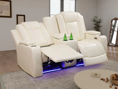 Vista 125 de Juego de sofá reclinable eléctrico, seccional de cuero transpirable beige, juego de muebles de sala de estar, 2 piezas, sofá reclinable eléctrico