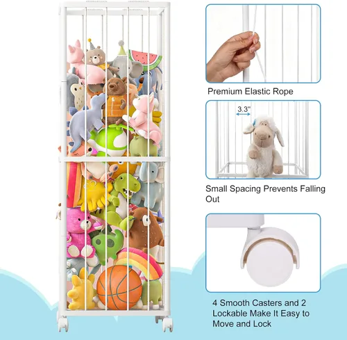 Vista 3 de Fixwal Tubo de metal para almacenamiento de animales de peluche, extra grande, organizador de juguetes para niños, con banda elástica y red