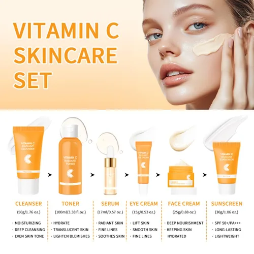 Vista 2 de Baorder Juego de 6 piezas de cuidado de la piel hidratante con vitamina C, kit de cuidado facial que incluye suero, crema facial, crema para ojos