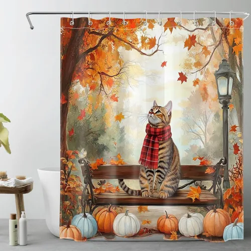 Vista 26 de HVEST Cortina de ducha con ganchos, calabaza espeluznante y fantasma con sombrero de bruja negro, juego de cortina de ducha naranja con flores
