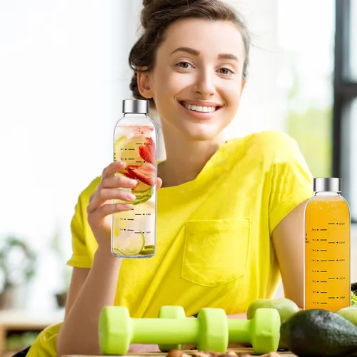 Vista 7 de Botellas de agua de vidrio Olivego con tapas 17 oz, botellas de jugo transparentes con tapa de acero inoxidable, botella de vidrio reutilizable