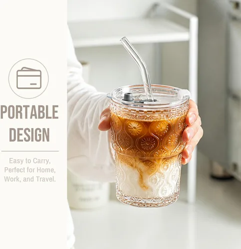 Vista 8 de SoulTimes Vaso de cristal de flor de Begonia de 13 onzas con tapa y pajita, vasos de café helado para batidos, matcha, jugo, agua, etc. Cristalería