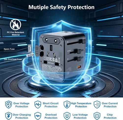 Vista 7 de Adaptador de viaje universal 7 en 1 de 17 W, 3 entradas, 2 USB-A + 2 USB-C, adaptador de corriente internacional para EE. UU. UE Reino Unido AU