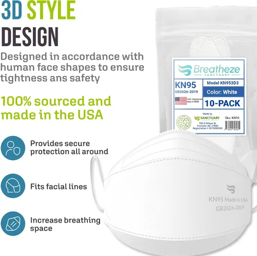 Vista 2 de Breatheze KN95 Face Masks Made in USA - Face Masks Disposable KN95 Mask - FDA Registered Masks