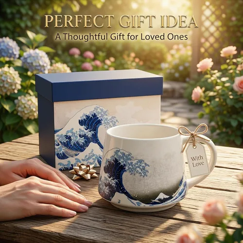 Vista 9 de Topadorn Taza de Cerámica de Porcelana Taza de Café The Great Wave Taza de Café con Caja de Regalo, 13 oz.