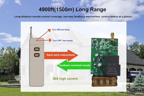 Vista 4 de Interruptor remoto inalámbrico de 12 V, relé DC12V/24V/48V/72V/30A, interruptor RF inalámbrico bidireccional con función de retroalimentación