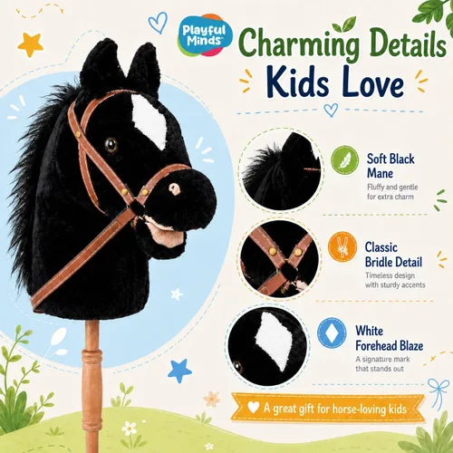 Vista 2 de Nature Bound Caballo de palo Caballo en un palo con efectos de sonido – Poni de peluche hecho a mano para niños pequeños y niños Mango de madera