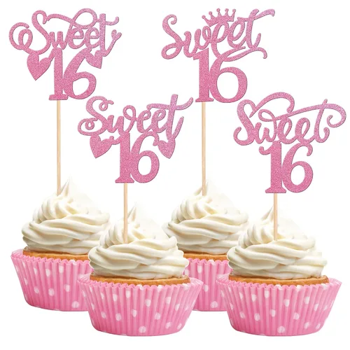 Vista 14 de 1 pieza de decoración de pastel de 16 años con purpurina de luna y estrella de luna feliz 16 cumpleaños, decoración para tartas de cumpleaños de 16