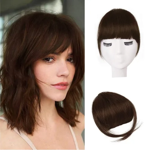 Vista 28 de BARSDAR Flequillo postizo de pelo humano real - Flequillo postizo 100% pelo humano para mujeres - Extensiones de flequillo ondulado castaño rojizo