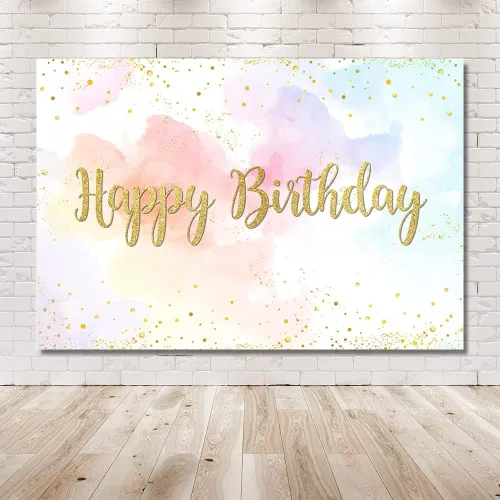 Vista 6 de MEHOFOND Telón de fondo de feliz cumpleaños de arcoíris pastel de 7 x 5 pies para niñas, fondo de acuarela de princesa, nube de colores dorados