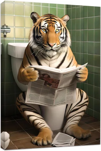 Vista 9 de CCWACPP Divertido lienzo para baño, arte de pared de gato sentado en el inodoro, lectura de periódicos, impresiones de pintura de inodoro, baño