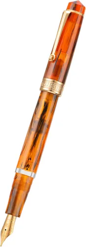 Vista 2 de Asvine P20 - Pluma estilográfica de pistón de resina ámbar, punta media de iridio, bordes dorados, colección Smooth Writer con estuche