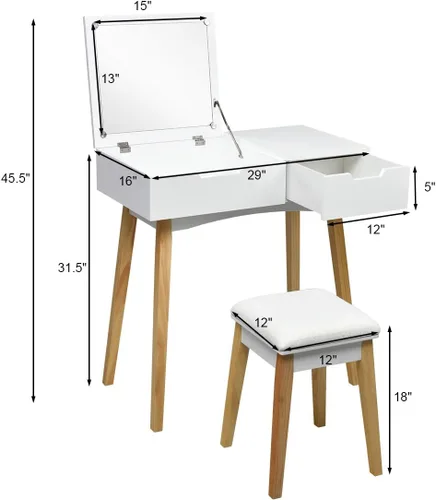 Vista 7 de CHARMAID Mesa de tocador con espejo abatible y taburete, mesa de maquillaje de madera escritorio con cajón, compartimento de almacenamiento, juego