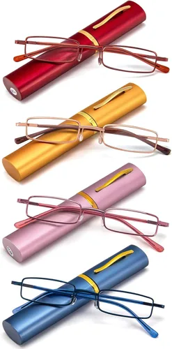 Vista 9 de REAVEE - 2 unidades de gafas de lectura con bolígrafo delgado para hombres y mujeres, tamaño pequeño de bolsillo, tubo con bisagra de resorte