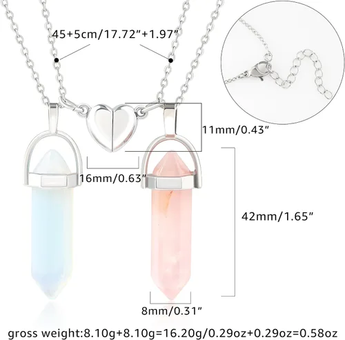 Vista 3 de Crystal Friendship Matching Couples Necklaces for Women Men with Magnetic Heart Charm, Dainty Rose Quartz Best Friends BFF Necklace for 2 Girls