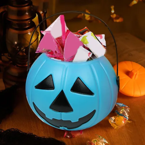 Vista 6 de Cubo de calabaza de Halloween con asa, soporte pequeño de plástico para dulces de calabaza para decoración y embalaje de fiesta de truco o trato