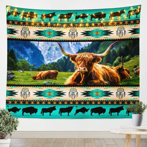 Vista 7 de Tapiz de vaca de las tierras altas, tapices aztecas nativos del suroeste, animales de granja, arte exótico nórdico, atrapasueños, arte de pared