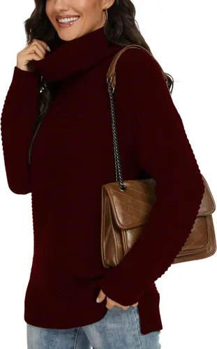 Vista 4 de PrinStory Women's Sweater Turtle Neck Chunky Knit Pullover Sweaters Casual Long Sleeve Tops with Side Slit
