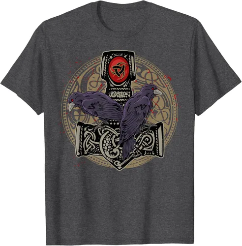 Vista 32 de Thors Hammer Mjolnir Huginn and Muninn Odin Raven - Camiseta, Negro, S