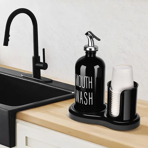 Vista 6 de Dispensador de Enjuague Bucal de Vidrio con Portavasos, BYAWAY Juego de Enjuague Bucal para Baño, Contenedor de Botella de Enjuague Bucal Recargable