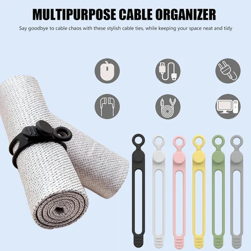 Vista 3 de 12 bridas de silicona para cables, envoltura elástica reutilizable, organizador de cables de datos y correas de gestión de cables, para cables