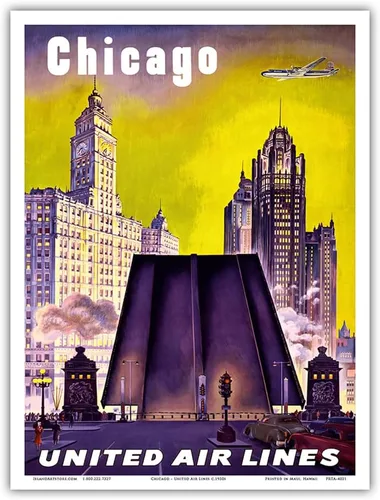 Vista 9 de Chicago USA - The Tribune Tower Wrigley Building and Michigan Avenue Bridge - United Air Lines - Vintage Airline Travel Poster c.1950s - Master Art