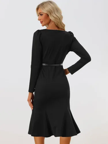 Vista 3 de Allegra K Vestidos de trabajo con cola de pez para mujer, elegante, cuello corazón, cinturón, ajustado, con dobladillo de sirena, vestido de cóctel