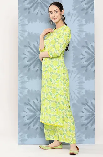 Vista 5 de Janasya Kurta con estampado digital de crepé verde limón para mujer india con palazzo