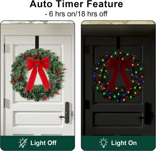 Vista 6 de Corona de Navidad Prelit de 24 pulgadas con Colgador para Puerta Delantera, Decoraciones de Navidad, 8 Modos de Luz, Impermeable, Funciona