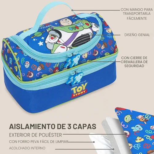 Vista 4 de Get Trend Disney Toy Story - Lonchera térmica reutilizable para niños, bolsa enfriadora ligera, doble compartimento con asa, se adapta a la lonchera