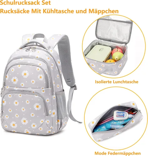 Vista 5 de Mochila para niñas y niños, mochila para la escuela primaria, bolsas para adolescentes y niñas con juego de lonchera (gris margarita)