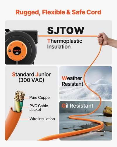 Vista 57 de VEVOR Carrete de cable de extensión retráctil de 25 pies resistente 14AWG Rojo