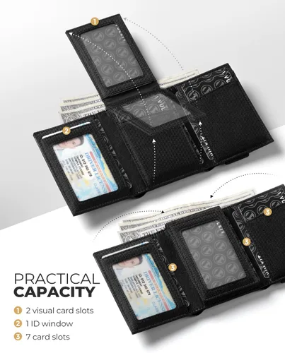 Vista 3 de VULKIT Cartera minimalista de cuero con bloqueo RFID triple con banda elástica, soporte delgado para tarjetas de crédito con 3 ventanas