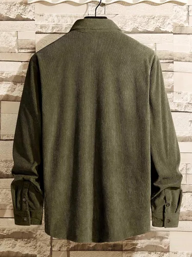 Vista 3 de Comdecevis Camisa de pana para hombre, manga larga, acanalada, con botones y bolsillo en el pecho