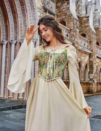 Vista 5 de Scarlet Darkness Disfraz de feria renacentista para mujer, vestido de manga larga acampanada con hombros descubiertos, vestido alto y bajo